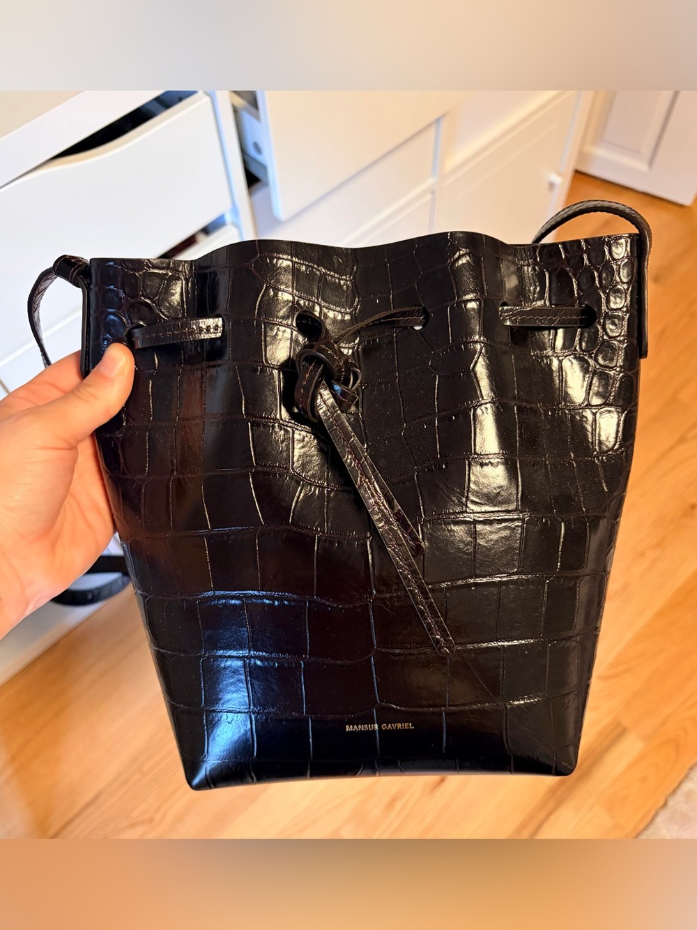 EUC Mansur Gavriel Black Croc-Embossed Leather Drawstring Bucket Bag
